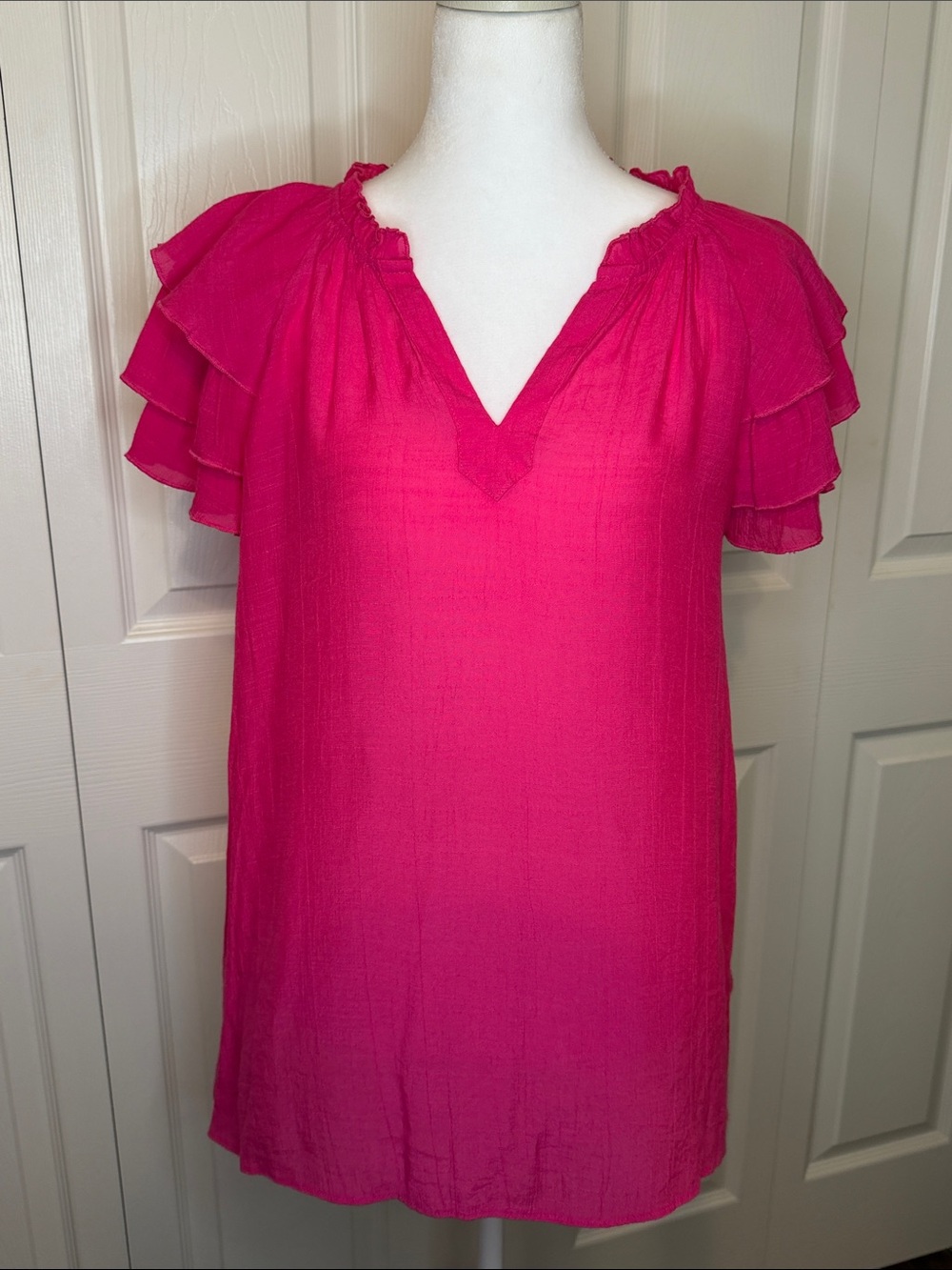 Nanette Lepore Hot Pink Ruffle Sleeve V-Neck Blouse